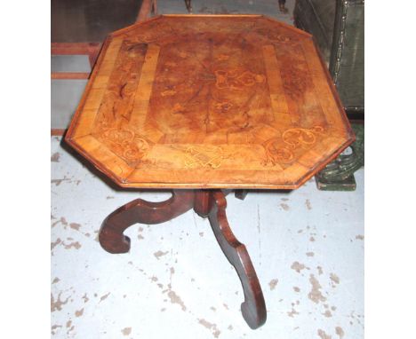 TRIPOD TABLE, 19th century Italian walnut and marquetry, the rectangular tilt top with canted corners with floral detail and 