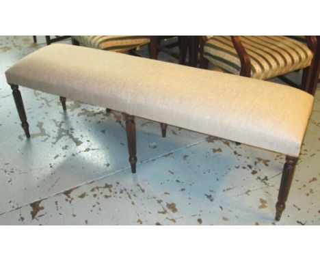 LONG STOOL, 19th century style beechwood in light grey linen on reeded legs, 154cm W x 39cm D. 