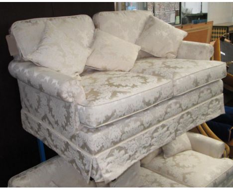 SOFA, two seater, cream damask, 135cm W x 84cm H x 91cm D. 