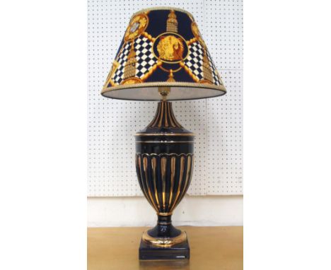 LAMP, urn form, royal blue and gilt with patterned shade, 80cm H. 