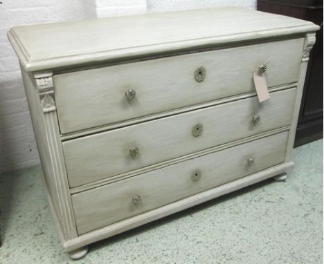 COMMODE, early 19th century French grey painted with three long drawers flanked by fluted pilasters, 126cm x 60cm x 86cm H.