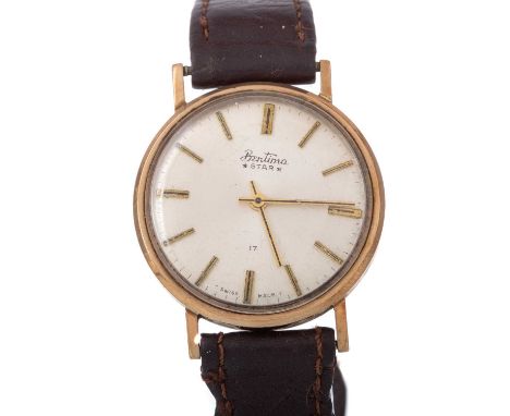 BENTIMA STAR, MANUAL WIND WRIST WATCH, the round dial with baton hour markers, 33mm case, on a brown leather strap, lacking b