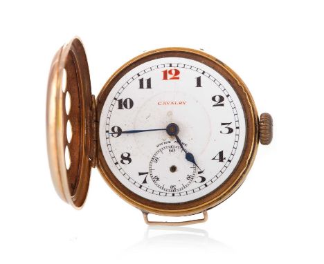 CAVALRY FOURTEEN CARAT GOLD MANUAL WIND TRENCH WATCH, EARLY 20TH CENTURY, the white enamel dial inscribed Cavalry in red and 