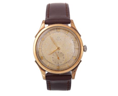 OMEGA, GOLD PLATED AUTOMATIC WRIST WATCH,  the round dial with Arabic and baton hour markers, 34mm case, on a generic brown l
