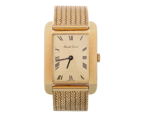BEUCHE GIROD, EIGHTEEN CARAT GOLD MANUAL WIND WRIST WATCH, the rectangular dial with hour markers, 26mm case, on an eighteen 