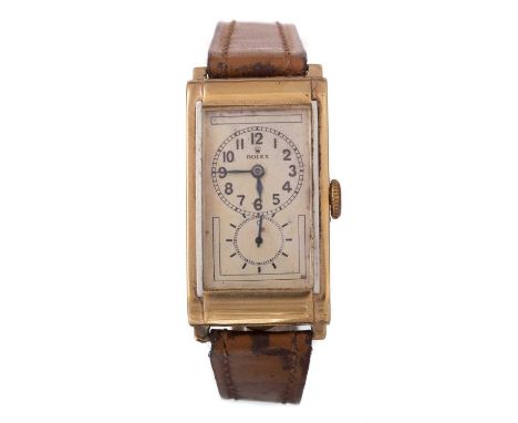 ROLEX PRINCE, NINE CARAT GOLD MANUAL WIND WRIST WATCH,  the Art Deco dial signed Rolex, with black Arabic hour markers, inner
