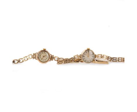 TWO NINE CARAT GOLD MANUAL WIND WRIST WATCHES, each of similar design, on nine carat gold braceletsQty: 26.1g gross 