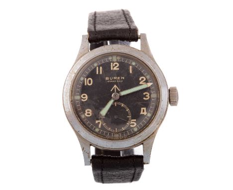 WWII DIRTY DOZEN BUREN GRAND PRIX MILITARY WATCH, circa. 1944/45, the round black dial with broad arrow, Arabic hour markers,