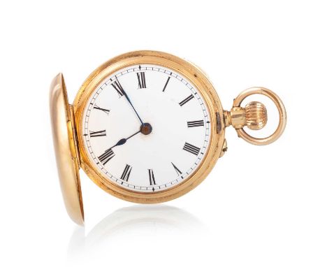 EIGHTEEN CARAT GOLD FULL HUNTER FOB WATCH, the round enamel dial with Roman hour markers, 32mm caseQty: 30.5gPersonal inscrip