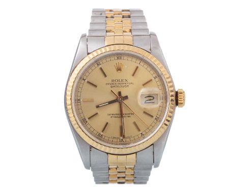 ROLEX, OYSTER PERPETUAL DATEJUST STAINLESS STEEL AUTOMATIC WRIST WATCH,  the round dial with baton hour markers, Roma outer s
