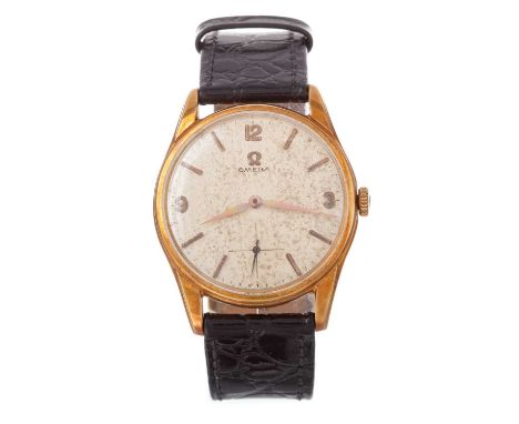 OMEGA, EIGHTEEN CARAT GOLD MANUAL WIND WRIST WATCH, the round dial with Arabic and baton hour markers, 33mm case, on a generi
