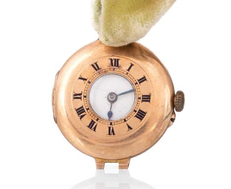 NINE CARAT GOLD CASED WATCH, the enamel dial with Roman hour markers, outer railroad seconds track in black, 28mm case, lacki