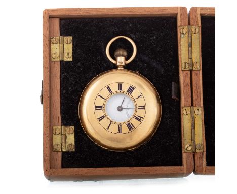 EIGHTEEN CARAT GOLD HALF HUNTER POCKET WATCH,  the round enamel dial with Roman hour markers, outer railroad seconds track in
