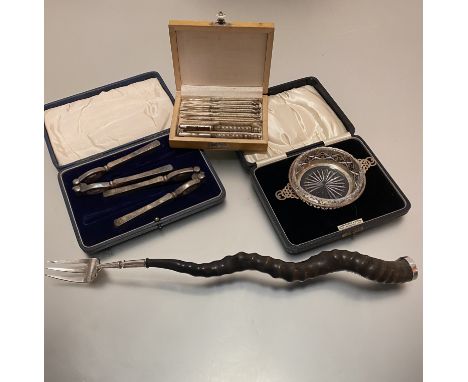 A modern Birmingham silver butter dish stand complete with associated glass inset and fitted case, a black buck spiral horn w