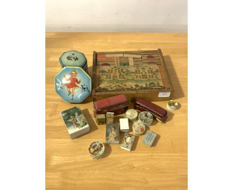 A mixed lot to include; a Dinky luxury coach model; a Corgi Routmaster coach model; tins; painted boxes; a box of wooden buil