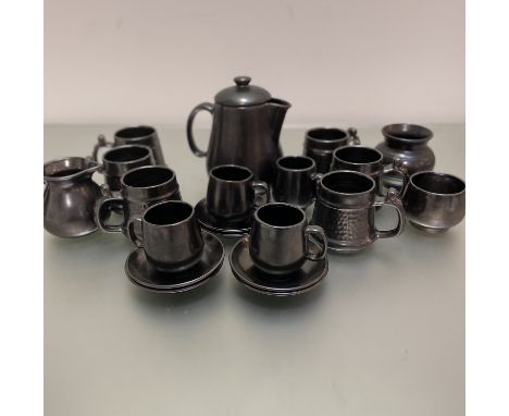 An English Prinknash Abbey pewter ware part coffee and tea set including mugs, a coffee pot, milk jug, sugar basin, vase etc 