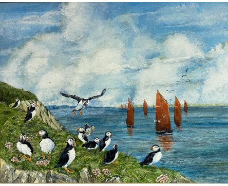 R A Williams, puffins nesting and feeding, oil on canvas, signed bottom right, pine frame (39cm x 49cm)