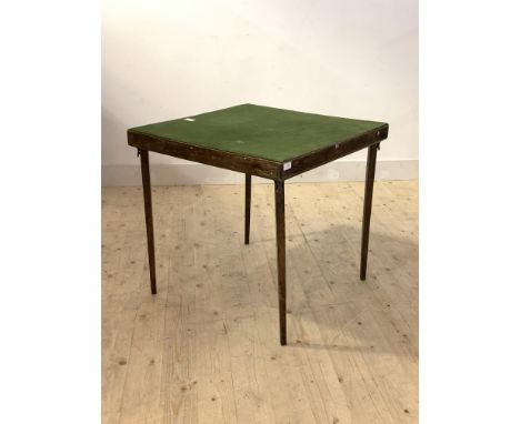 An early 20th century stained pine card table, with baize lined top over four folding square tapered supports, with ivorine l