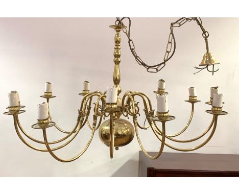 A Dutch style brass chandelier, the central baluster column issuing twelve branches, D94cm