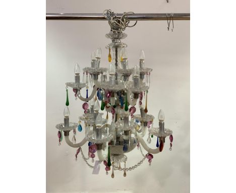 A Large Venetian style poly-chromatic glass multi arm chandelier, with ceiling rose, chain, glass lustre chains and drops and