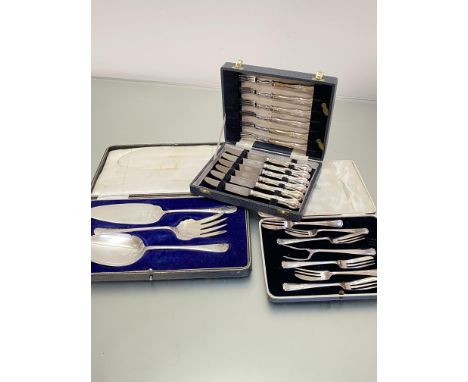 A set of three Epns fish servers, a set of six Epns fruit knives and forks in fitted case by Mappin and Webb and a set of six