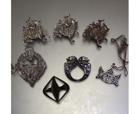 Three Ola Gorie, Kirkwall Orkney Scotland, set of three silver Maeschowe dragons, Celtic style openwork brooch with knot bord