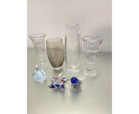 A Caithness etched glass stag oval smoked glass vase, (h 18cm), a Swedish style clear etched sail boat vase, (h 25cm), a pair