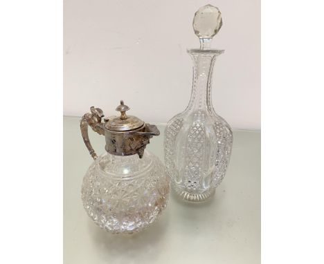 A crystal hobnail cut panel decanter, (h32cm) and a crystal hobnail cut Epns mask claret jug with scroll handle to side, (h 2