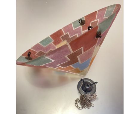 An Art Deco conical stylised cased coloured panelled and acid etched glass shade complete with fixture and chain, (h 25cm x d