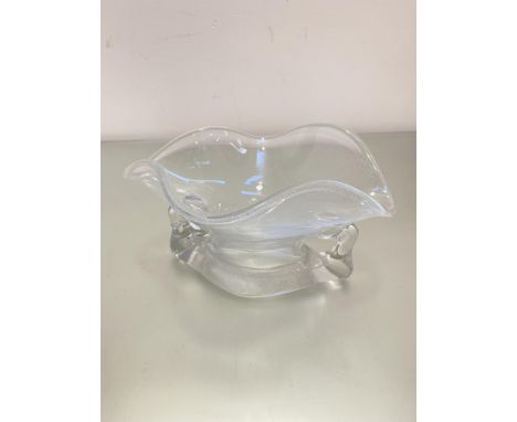 An art glass free form two handled fruit dish with sweeping rim and bubble design, (h 17cm x 31cm x 25cm) unsigned