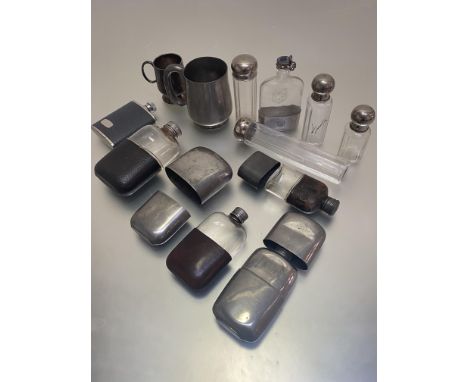 An Epns miniature tankard, a pewter tankard, a collection of four various glass and pewter mounted hip flasks, a modern hip f