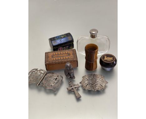 A treen miniature painted casket, glass perfume bottle complete with white metal top, a counter dice shaker, an Indian circul