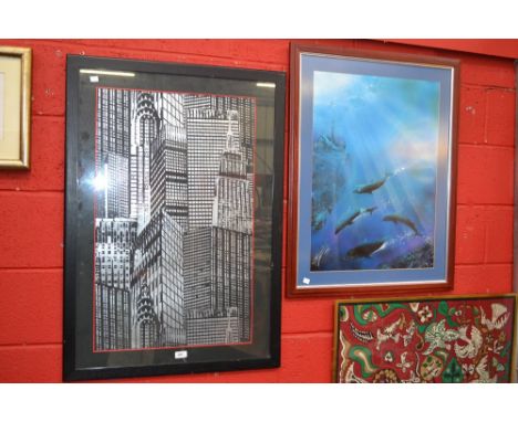 Modern art - The Empire State Building, silver tone silk screen print, 80cm x 50cm;  P J Dolman, Dolphins at Play, colour pic