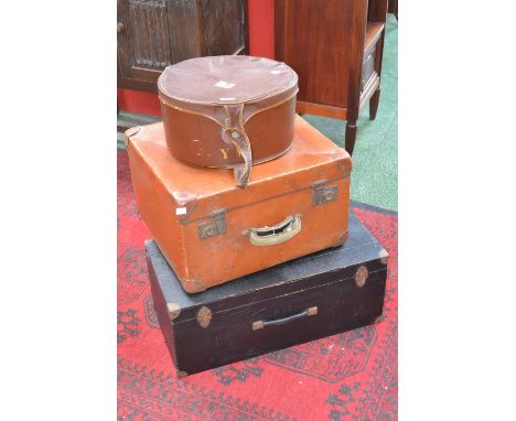 Vintage Luggage - a leather travelling trunk; another; a hat box (3)
