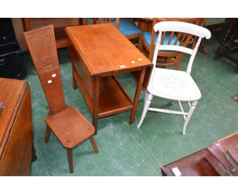 An oak drop leaf table; an oak spining stool carved and inscribed Abbeydale to back; a Victorian chair (3)