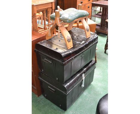 Two dome top metal trunks; a camel stool (3)