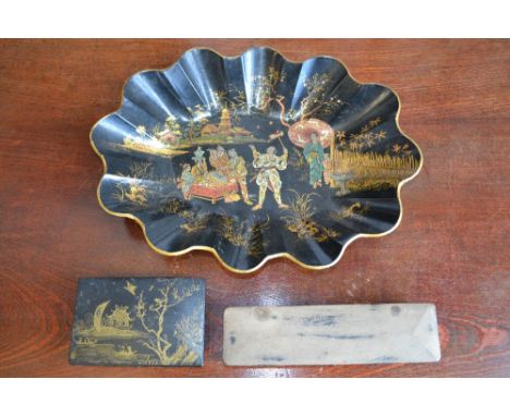 A Meiji period lacquered papier-mache bowl; a Japanese lacquered trinket box; a Victorian lacquered wooden pen box. (3)