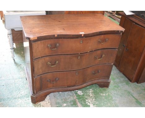 A George III mahogany serpentine chest of three long graduated cockbeaded drawers, brass swan neck handles, bracket feet, 76c
