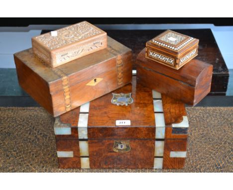 Boxes and objects - A Victorian pollard oak and mother of pearl inlaid rectangular writing slope, rosewood and green baize li