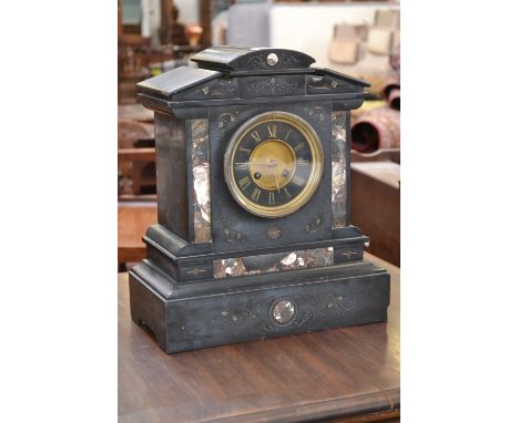 A Victorian belge noir and rouge marble chiming mantel clock, arching top, gilt dial, Roman numerals, retailed by G S Smith, 