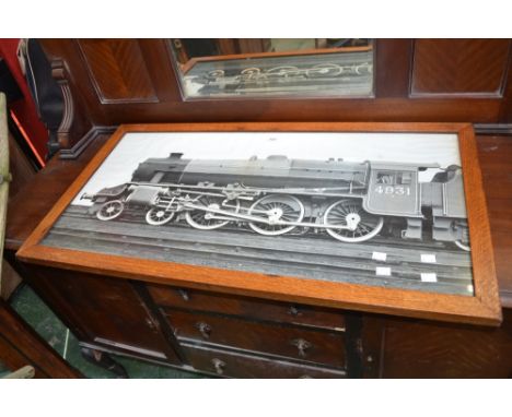 A works grey photographic print of a Stanier black five, with a Crewe plate, locomotive 4931, glazed, oak frame, 43cm x 88cm