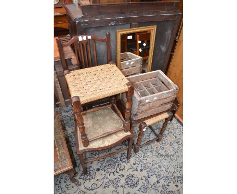 An Edwardian mahogany hall chair; two oak stools; a pine bottle crate; a mirror; another stool