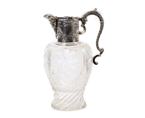Late Victorian silver mounted cut glass claret jug of inverted baluster form, with hobnail and star cut decoration, on a cut 