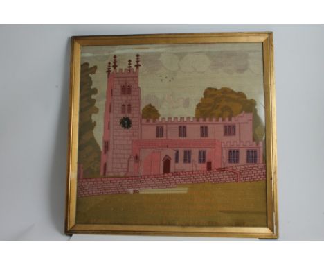 Rowland S. R. Moon, Late Victorian woolwork embroidery of St Peter's Church, Bolton, the church depicted in a landscape above