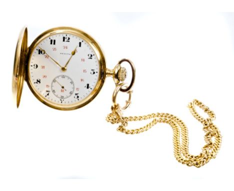 Gentlemen's Zenith gold (18ct) full hunter pocket watch with button-wind movement in gold (9ct) case, on yellow metal curb li