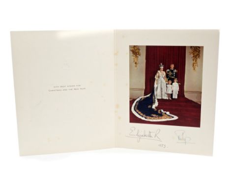 HM Queen Elizabeth II and The Duke of Edinburgh - signed 1953 Christmas card with gilt embossed crown to cover, colour Corona