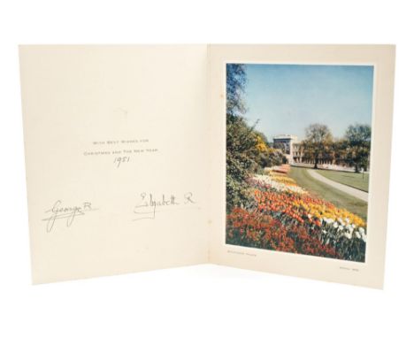 HM King George VI and Queen Elizabeth - signed 1951 Christmas card with gilt embossed crown to cover, colour photograph of Bu