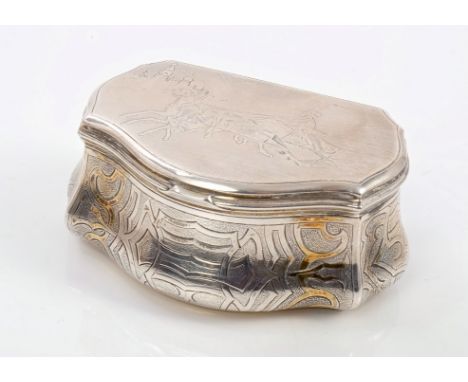 19th century Russian silver snuffbox of bombé form, with chased and parcel gilt decoration, gilded interior with Russian hall