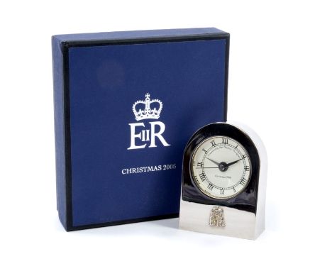 HM Queen Elizabeth II - Presentation silver plated carriage alarm clock with quartz movement, white dial, inscribed 'Presente