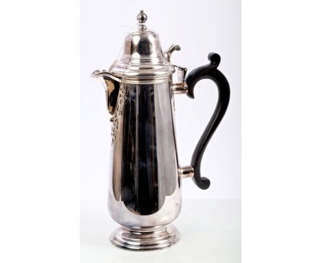 Contemporary silver coffee pot of tapering form, with sparrow beak spout and cut card decoration, ebonised scroll handle, dom